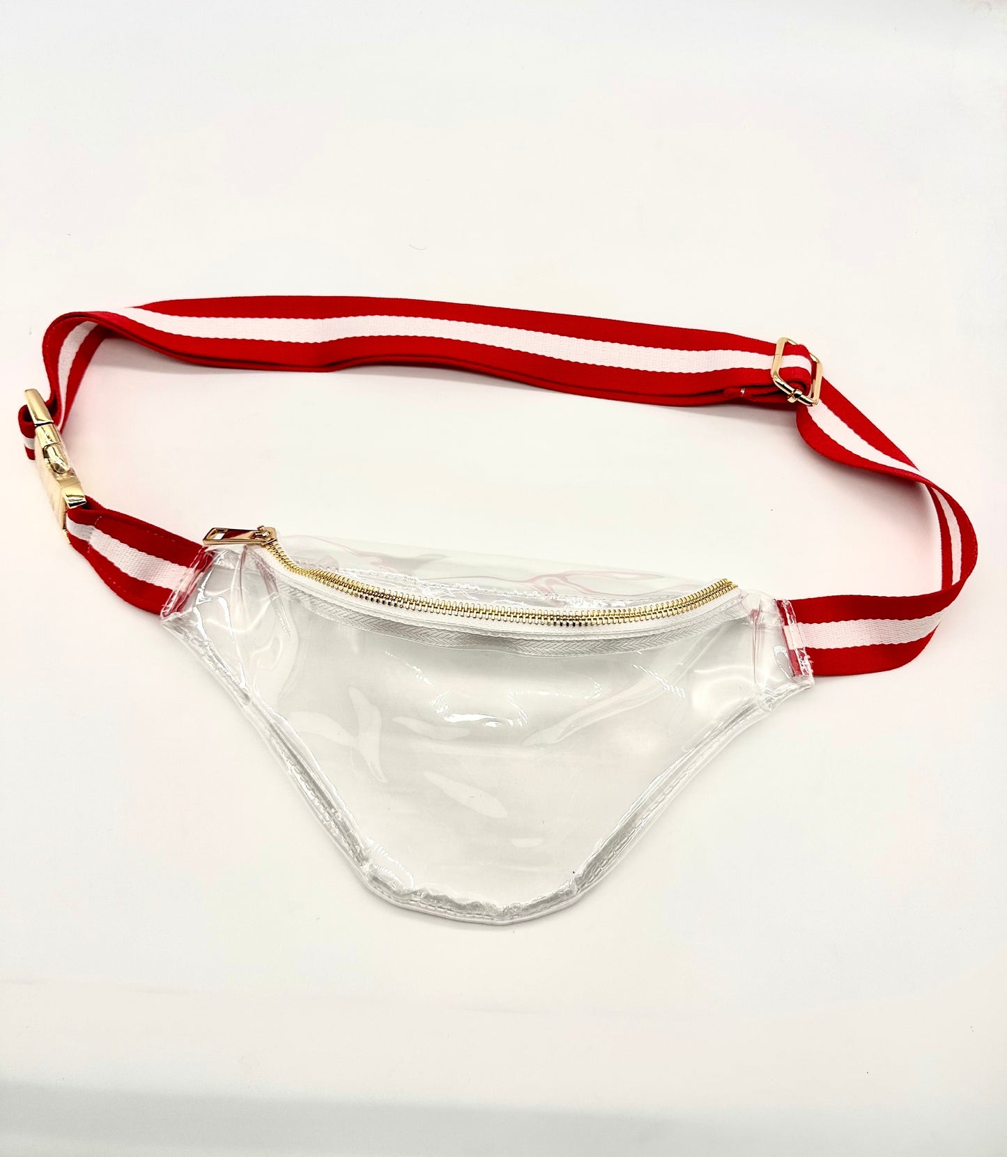 Clear Fanny Pack/Cross Body Bag with striped belt. NEW DESIGN!! Wider strap, higher quality gold pieces.  Great for concerts