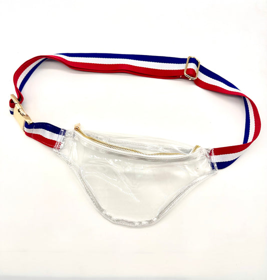 Clear Fanny Pack/Cross Body Bag with striped belt. NEW DESIGN!! Wider strap, higher quality gold pieces.  Great for concerts