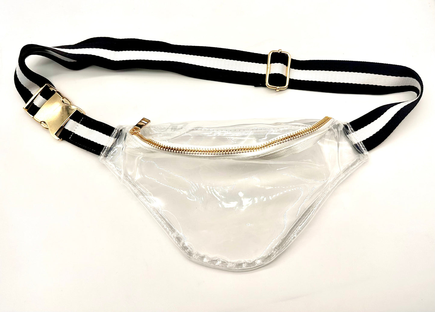 Clear Fanny Pack/Cross Body Bag with striped belt. NEW DESIGN!! Wider strap, higher quality gold pieces.  Great for concerts