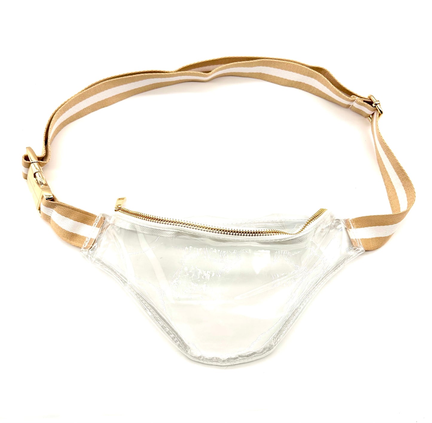 Clear Fanny Pack/Cross Body Bag with striped belt. NEW DESIGN!! Wider strap, higher quality gold pieces.  Great for concerts