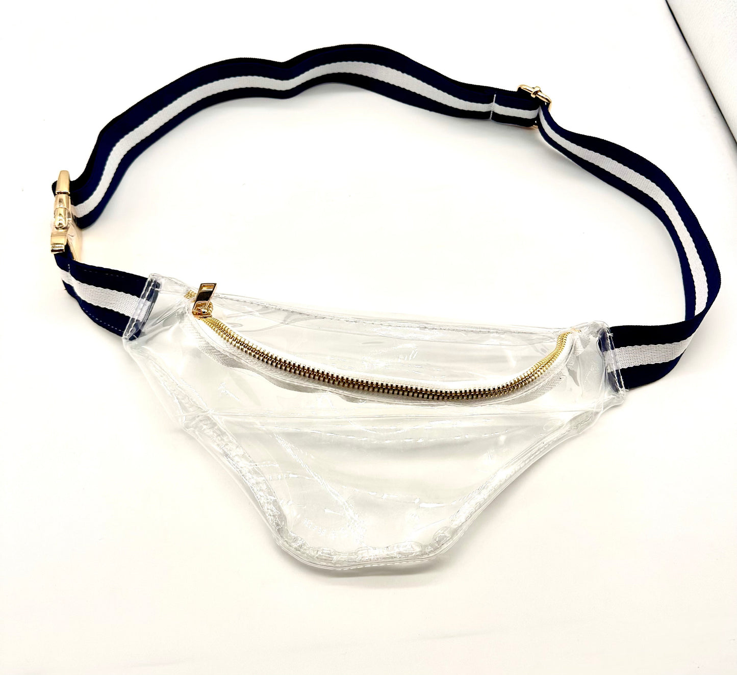 Clear Fanny Pack/Cross Body Bag with striped belt. NEW DESIGN!! Wider strap, higher quality gold pieces.  Great for concerts