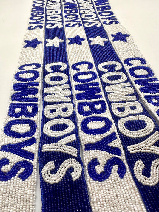 Cowboys Handmade, Beaded,  Adjustable Purse Strap with stars.  NEW Outlined font option!