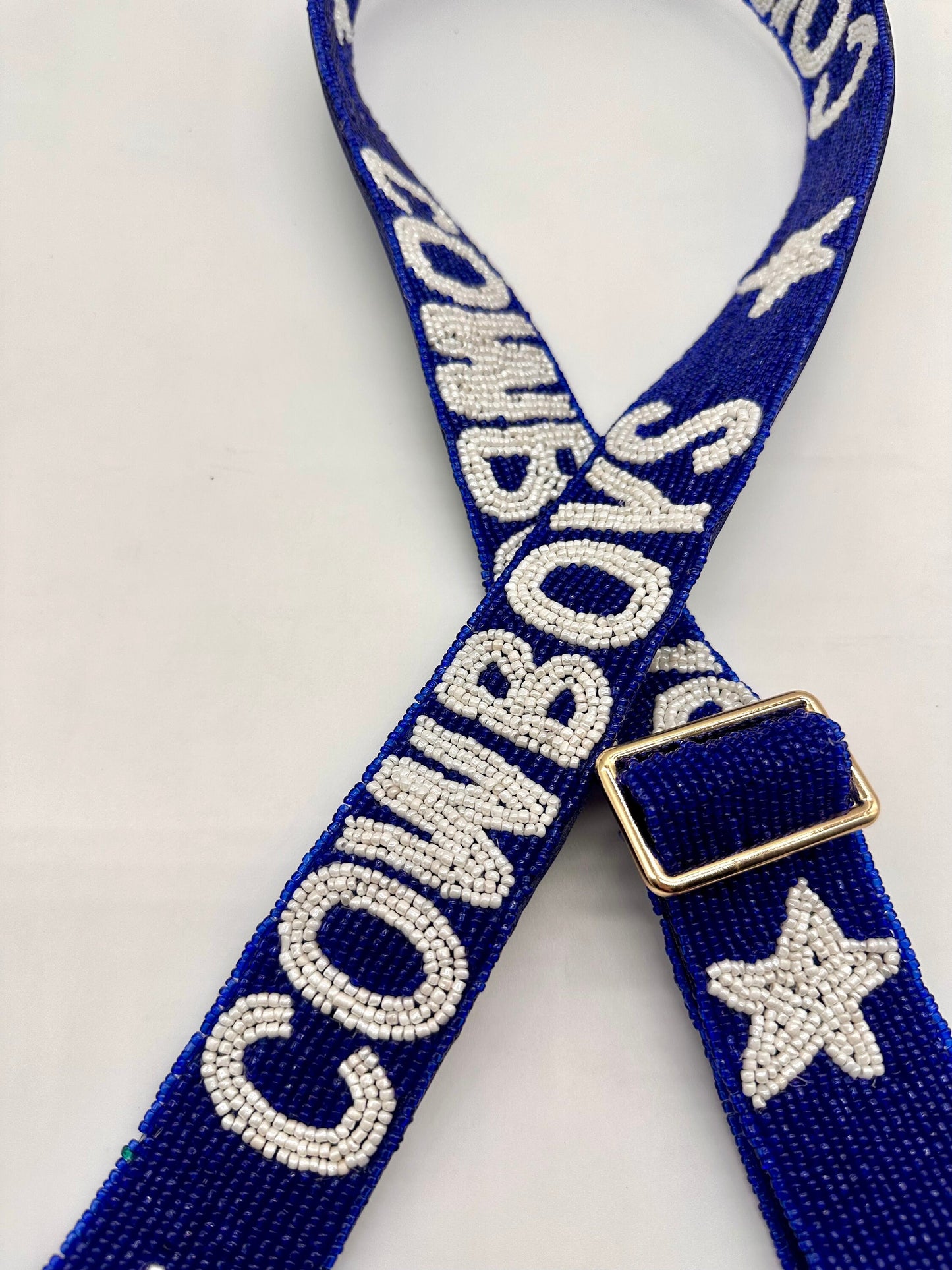 Cowboys Handmade, Beaded,  Adjustable Purse Strap with stars.  NEW Outlined font option!