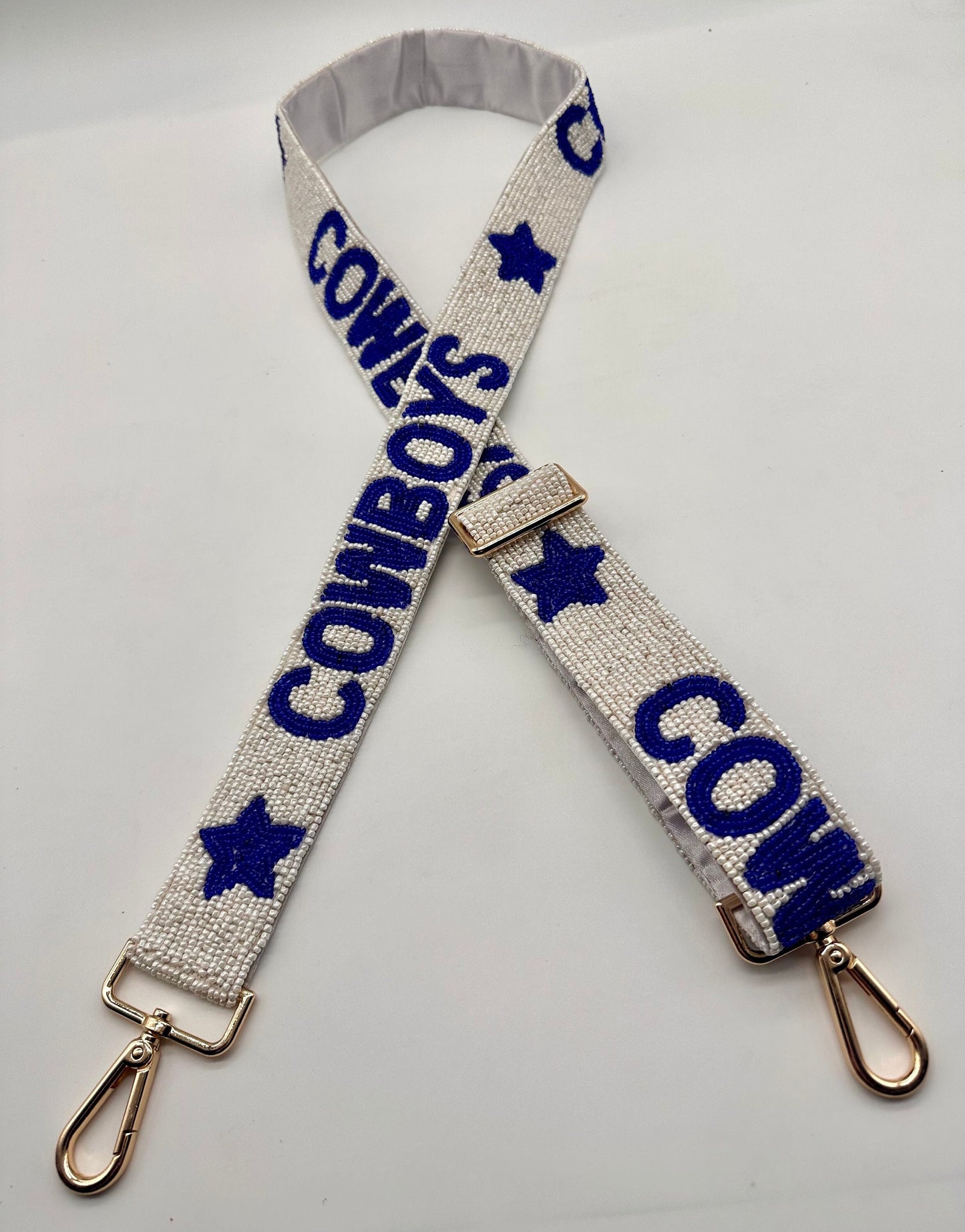 Cowboys Handmade, Beaded,  Adjustable Purse Strap with stars.  NEW Outlined font option!