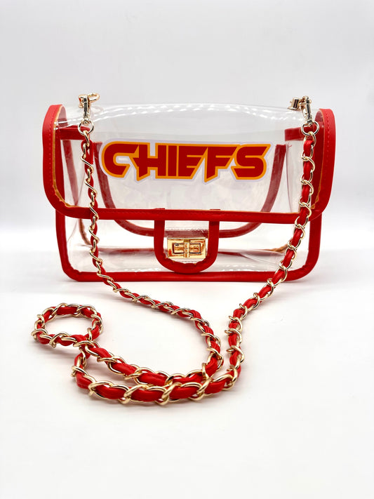 Chiefs Rockstar Crossbody/Long Shoulder Strap Clear Purse.  Kansas City Chiefs