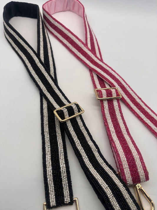 Striped, Handmade, Beaded Adjustable Purse Straps. Black and white. Pink and white